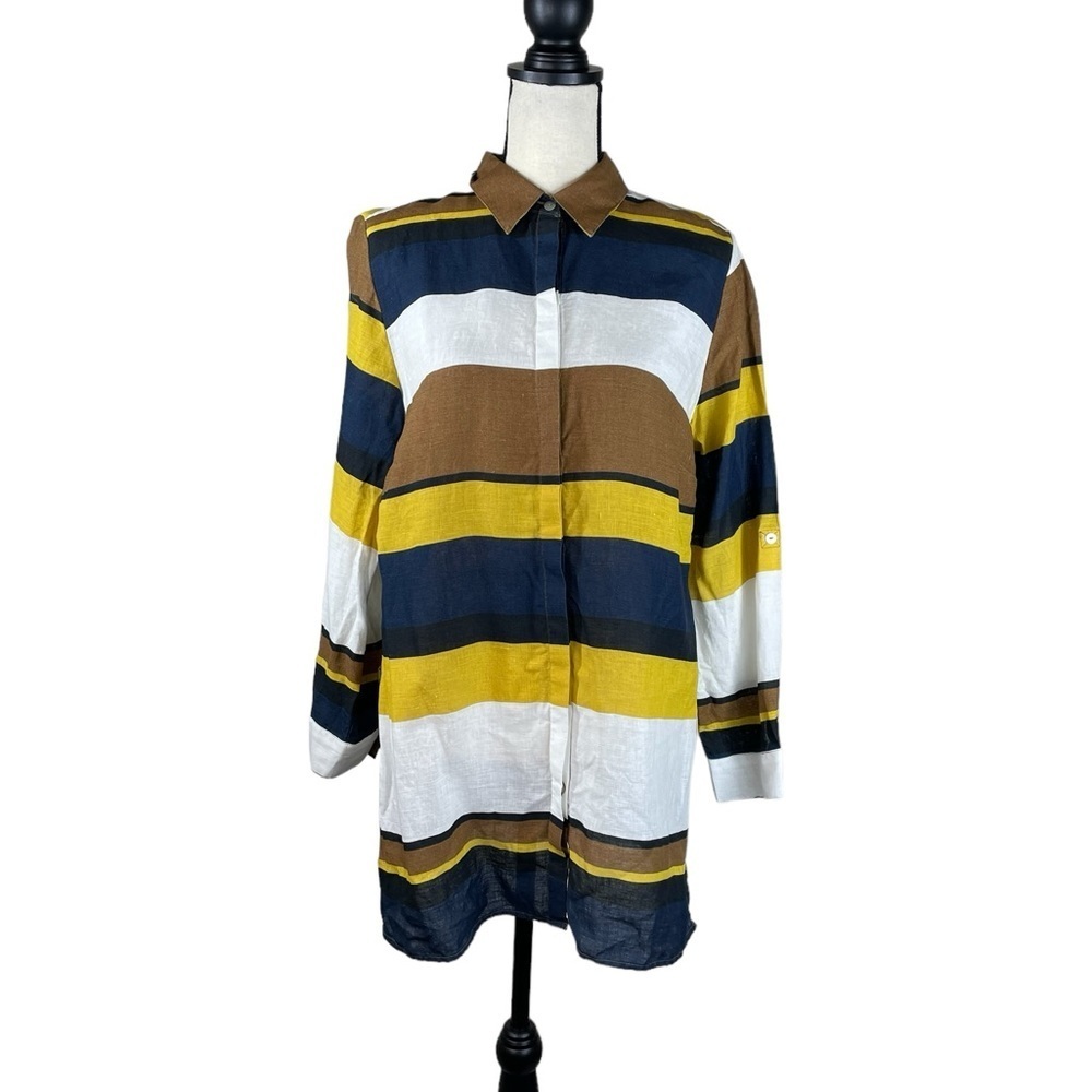 Chico’s Linen Striped Tunic With Tab Sleeves Vacation Spring Lightweigt M Size 1